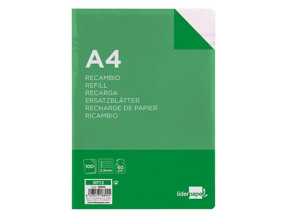 RECAMBIO LIDERPAPEL FOLIO 100 HOJAS 60G/M2 PAUTA 5 2.5MM CON MARGEN 16 TALADROS
