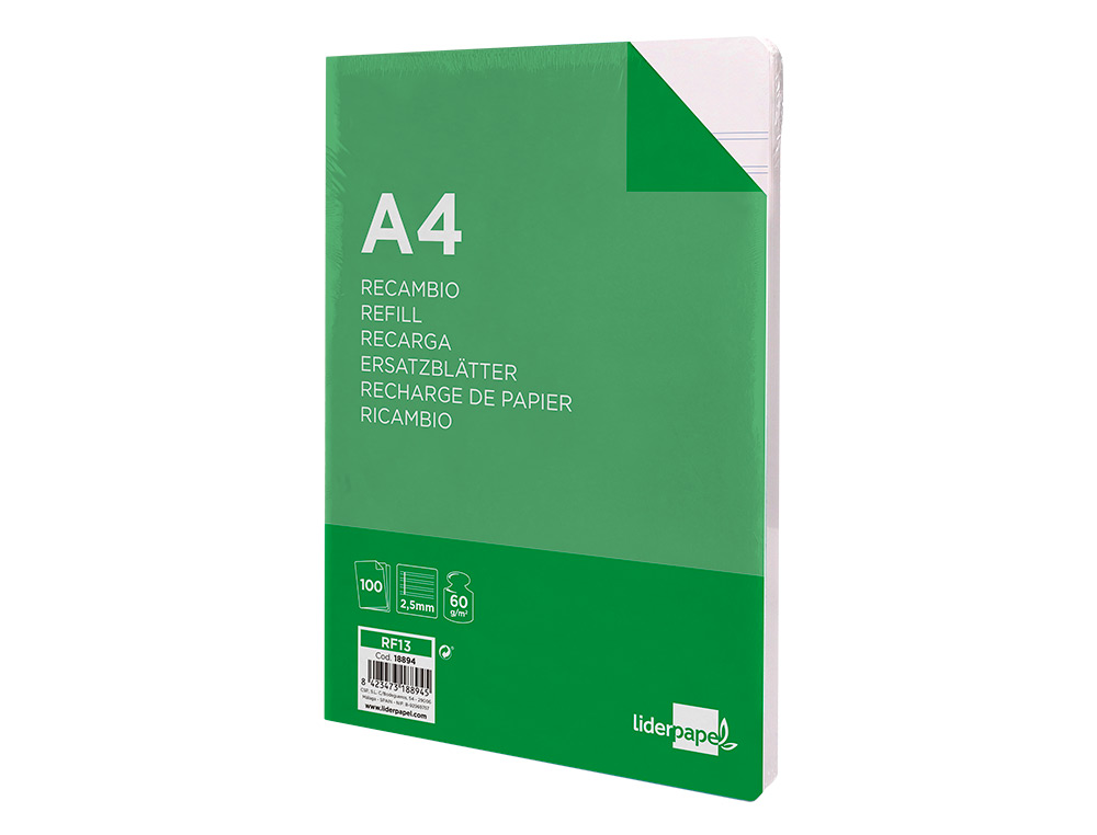 RECAMBIO LIDERPAPEL FOLIO 100 HOJAS 60G/M2 PAUTA 5 2.5MM CON MARGEN 16 TALADROS