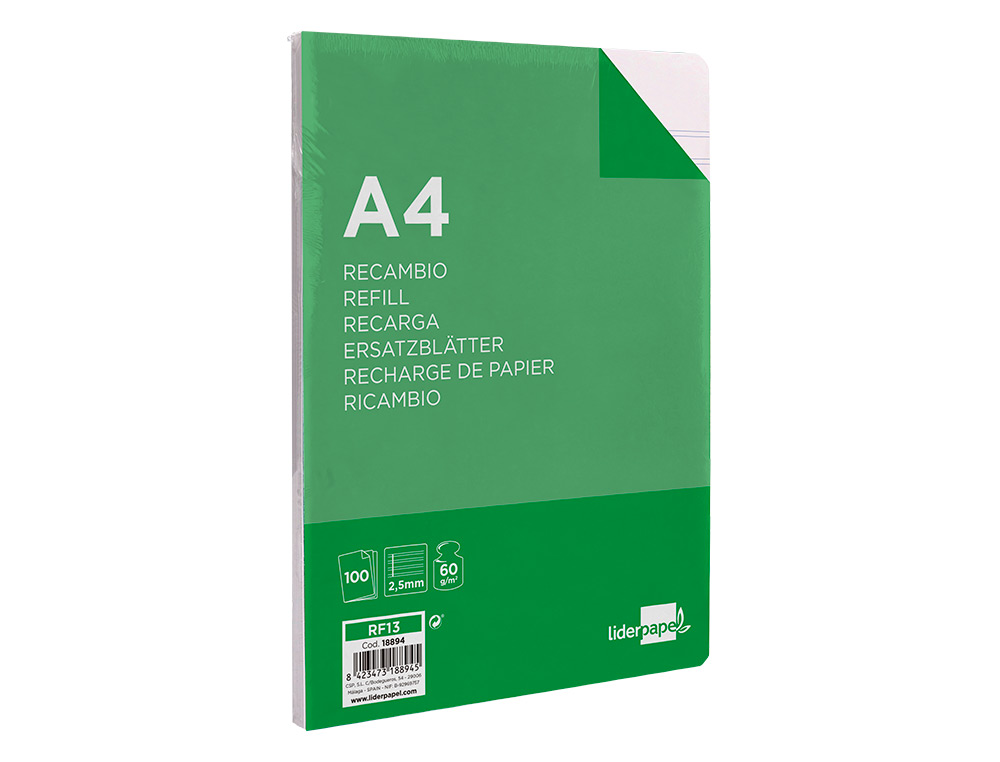 RECAMBIO LIDERPAPEL FOLIO 100 HOJAS 60G/M2 PAUTA 5 2.5MM CON MARGEN 16 TALADROS