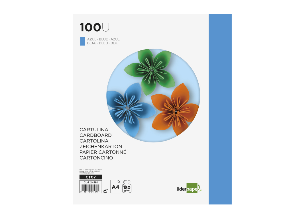 CARTULINA LIDERPAPEL A4 180G/M2 AZUL PAQUETE DE 100 HOJAS