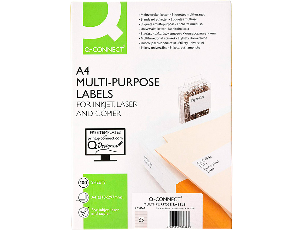 ETIQUETA ADHESIVA Q-CONNECT KF10640 TAMAÑO 70X25 MM FOTOCOPIADORA LASER INK.JET CAJA CON 100 HOJAS DIN A4