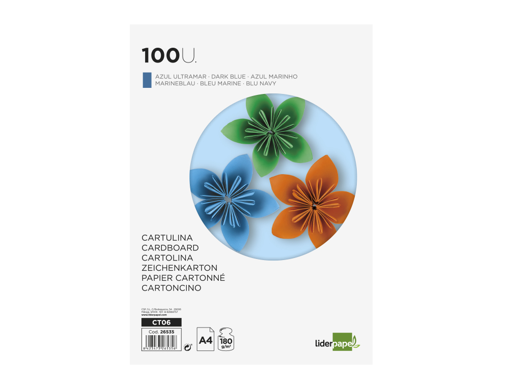 CARTULINA LIDERPAPEL A4 180G/M2 AZUL ULTRAMAR PAQUETE DE 100 HOJAS