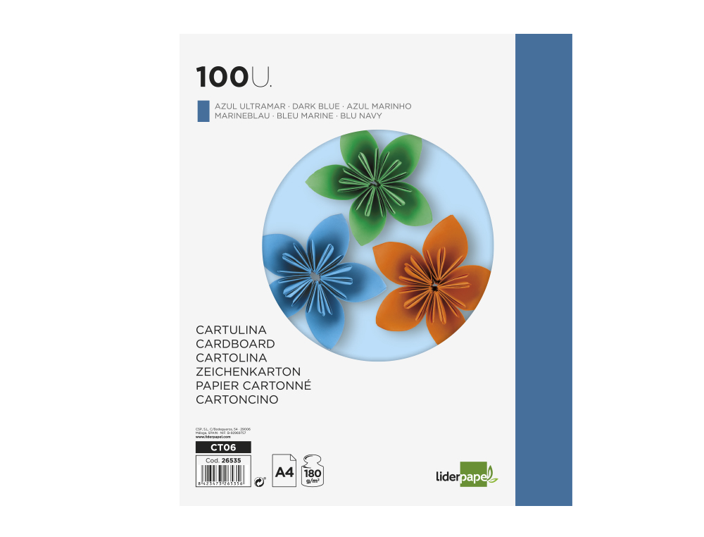 CARTULINA LIDERPAPEL A4 180G/M2 AZUL ULTRAMAR PAQUETE DE 100 HOJAS