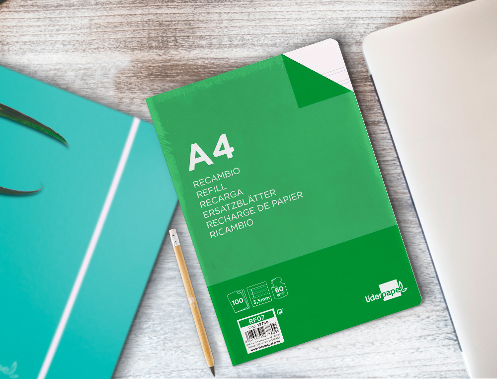 RECAMBIO LIDERPAPEL A4 100 HOJAS 60G/M2 PAUTA 4 3.5MM CON MARGEN 4 TALADROS