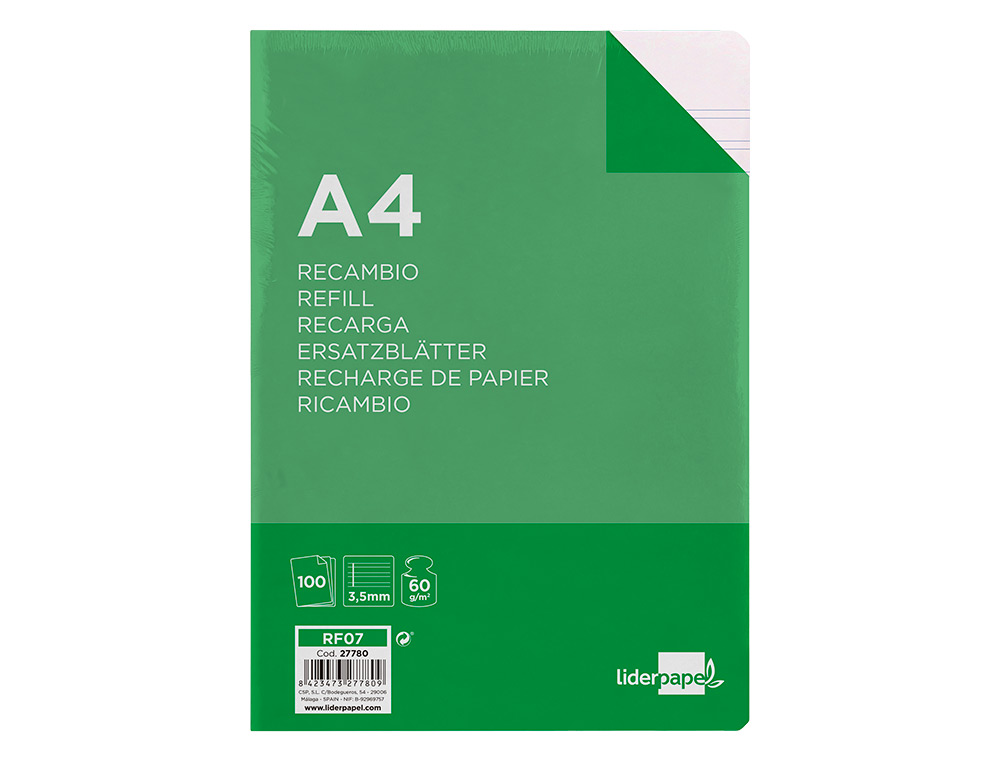 RECAMBIO LIDERPAPEL A4 100 HOJAS 60G/M2 PAUTA 4 3.5MM CON MARGEN 4 TALADROS