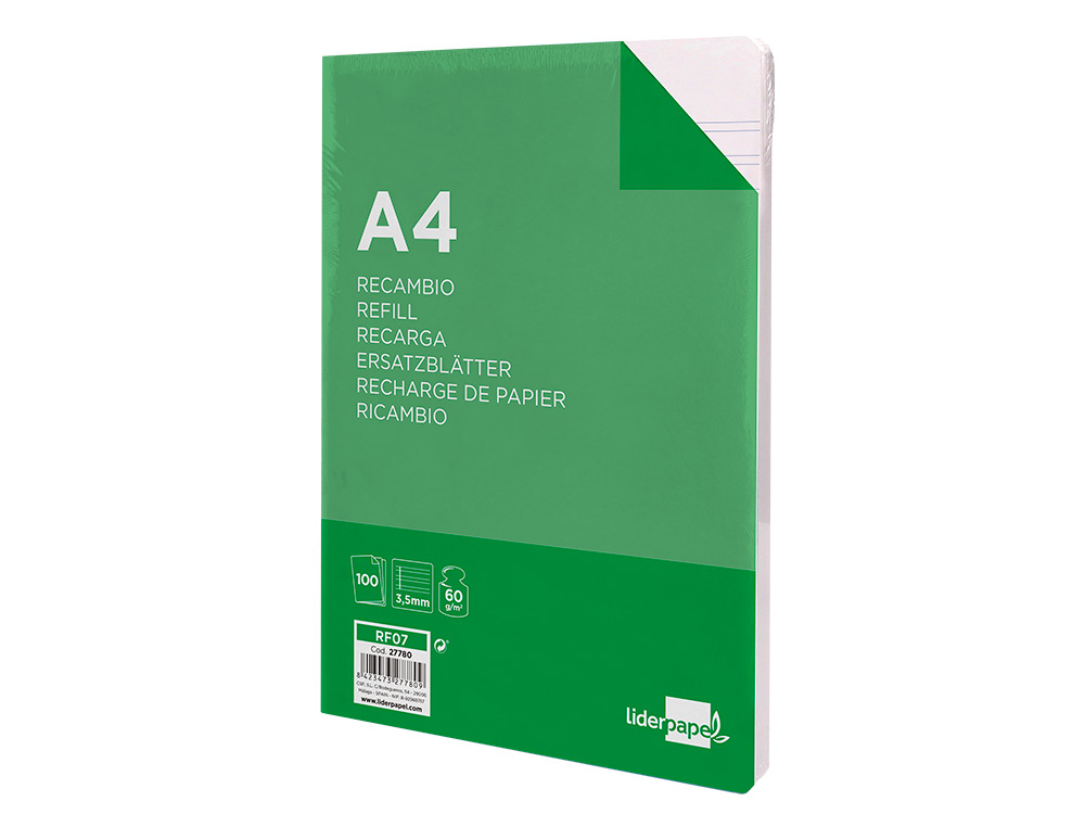 RECAMBIO LIDERPAPEL A4 100 HOJAS 60G/M2 PAUTA 4 3.5MM CON MARGEN 4 TALADROS