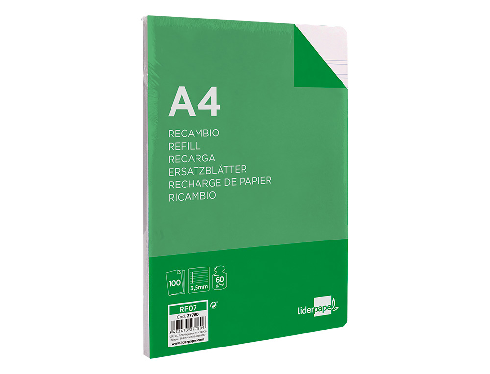 RECAMBIO LIDERPAPEL A4 100 HOJAS 60G/M2 PAUTA 4 3.5MM CON MARGEN 4 TALADROS