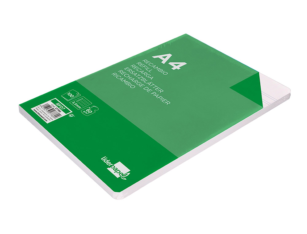 RECAMBIO LIDERPAPEL A4 100 HOJAS 60G/M2 PAUTA 4 3.5MM CON MARGEN 4 TALADROS