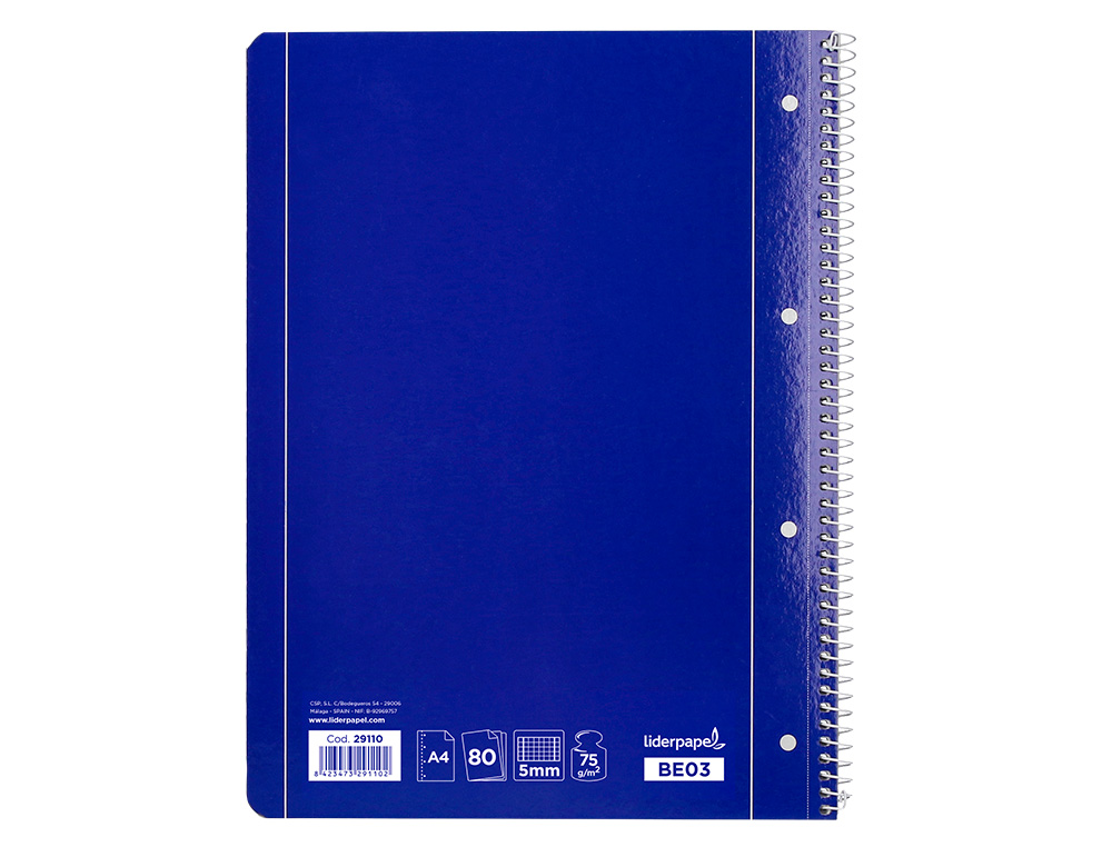 CUADERNO ESPIRAL LIDERPAPEL A4 MICRO SERIE AZUL TAPA BLANDA 80H 75 GR CUADRO 5MM CON MARGEN 4 TALADROS AZUL
