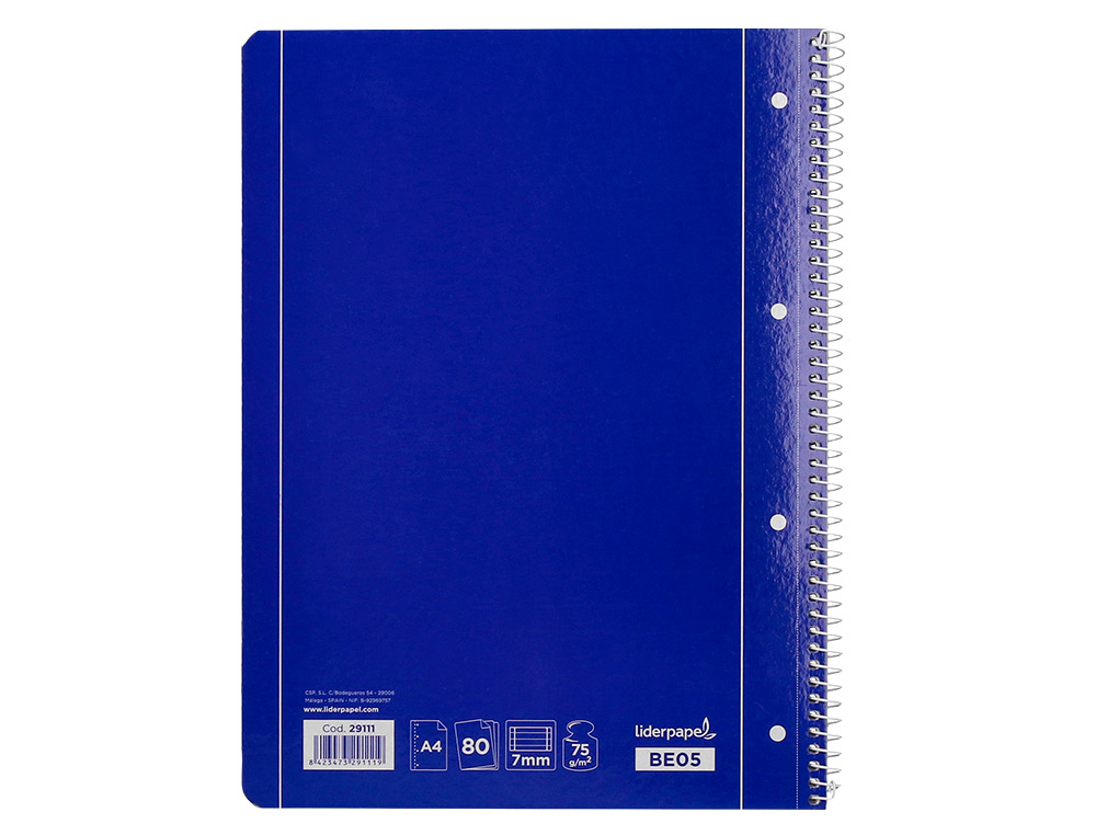 CUADERNO ESPIRAL LIDERPAPEL A4 MICRO SERIE AZUL TAPA BLANDA 80H 75 GR HORIZONTAL CON MARGEN 4 TALADROS AZUL