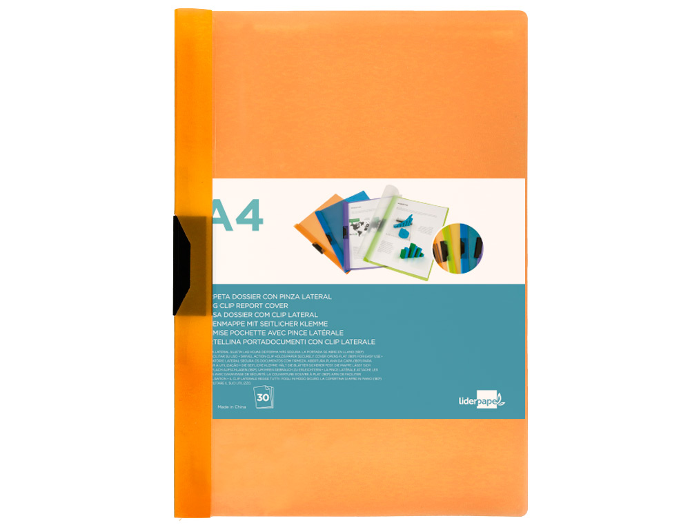 CARPETA LIDERPAPEL DOSSIER PINZA LATERAL 45301 POLIPROPILENO DIN A4 NARANJA 30 HOJAS PINZA DESLIZANTE