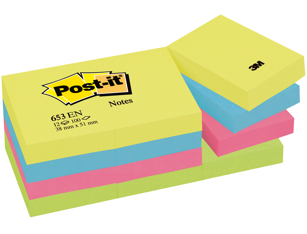 BLOC DE NOTAS ADHESIVAS QUITA Y PON POST-IT 38X51 MM NEON PACK DE 12 BLOCS SURTIDO
