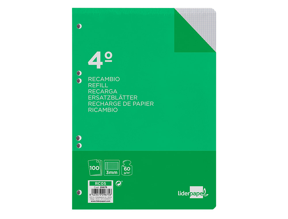 RECAMBIO LIDERPAPEL CUARTO 100 HOJAS 60G/M2 CUADRO 3MM CON MARGEN 6 TALADROS
