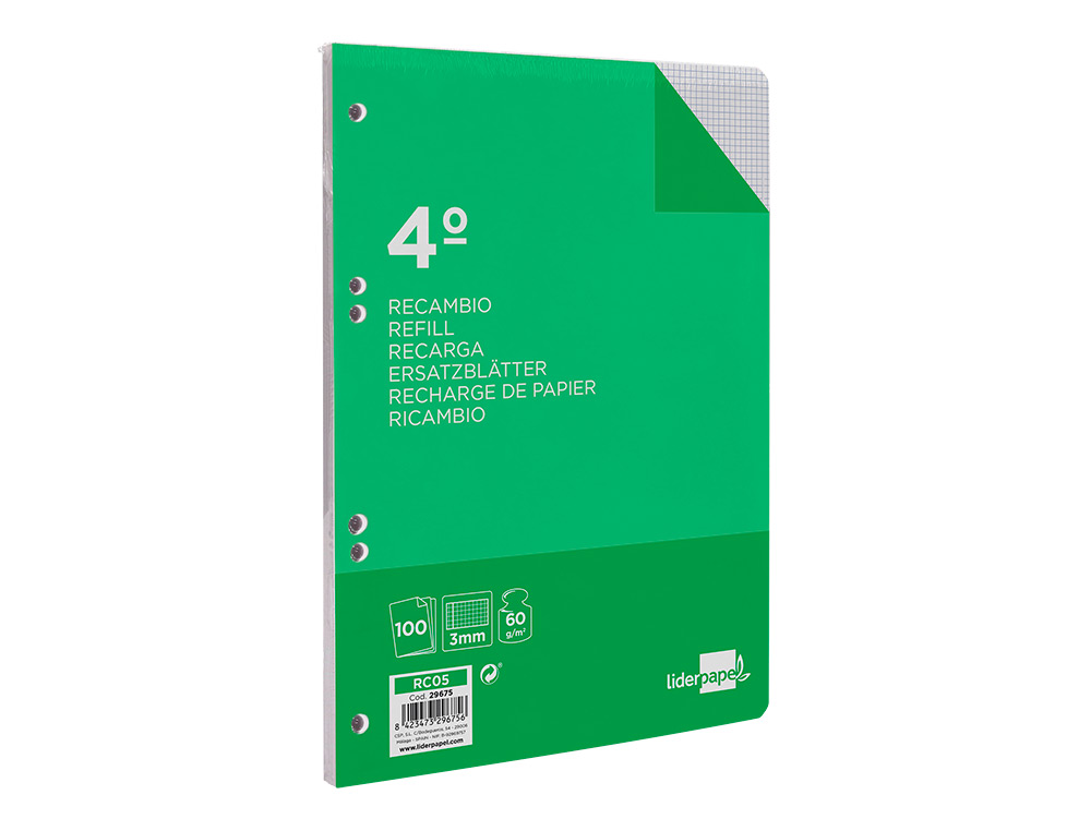 RECAMBIO LIDERPAPEL CUARTO 100 HOJAS 60G/M2 CUADRO 3MM CON MARGEN 6 TALADROS