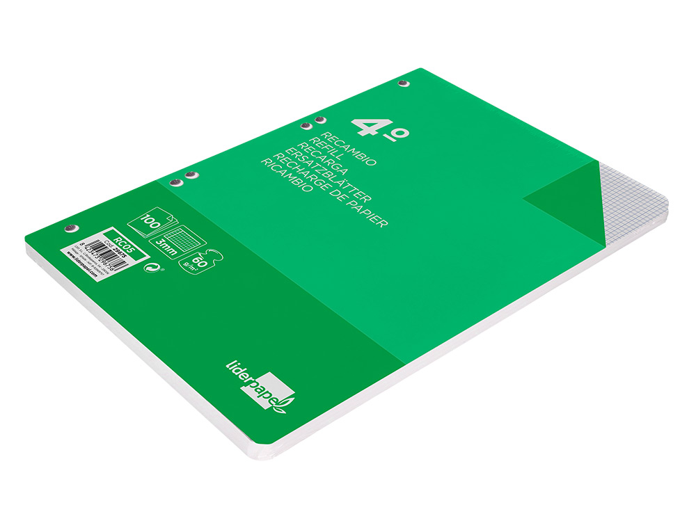 RECAMBIO LIDERPAPEL CUARTO 100 HOJAS 60G/M2 CUADRO 3MM CON MARGEN 6 TALADROS