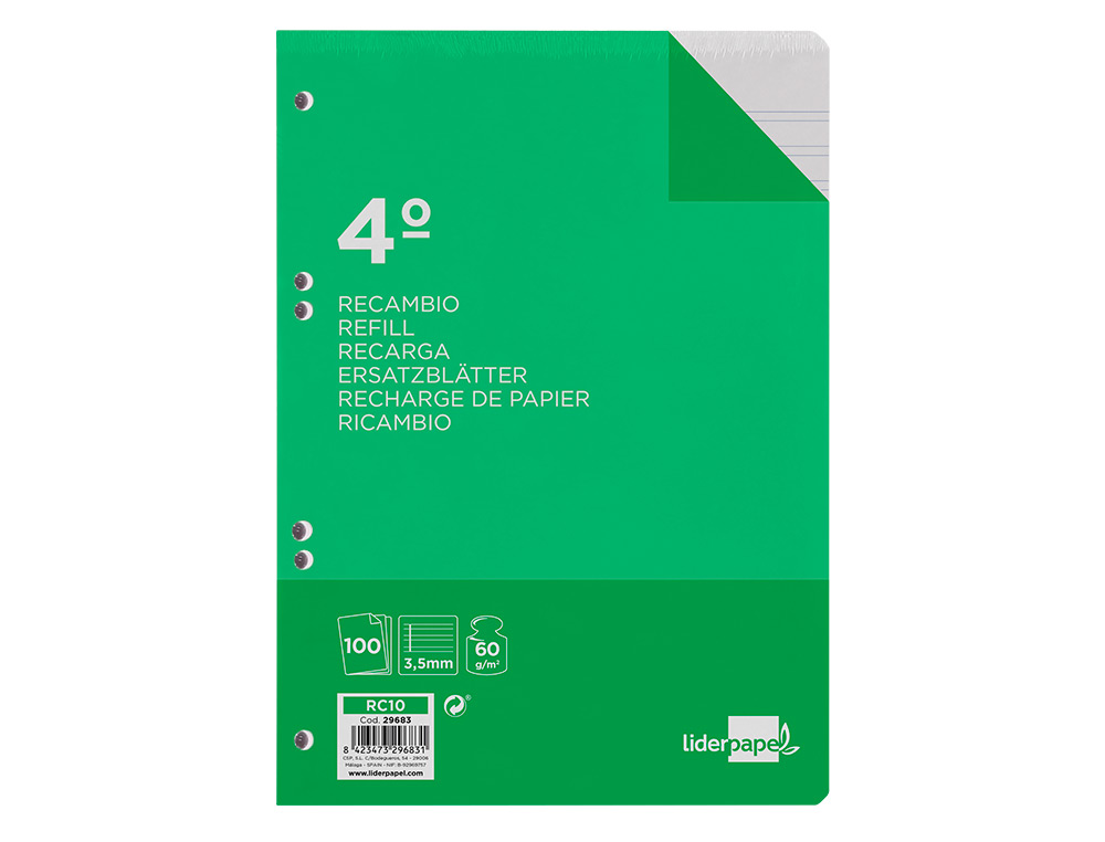 RECAMBIO LIDERPAPEL CUARTO 100 HOJAS 60G/M2 PAUTA 4ª 3.5MM CON MARGEN 6 TALADROS