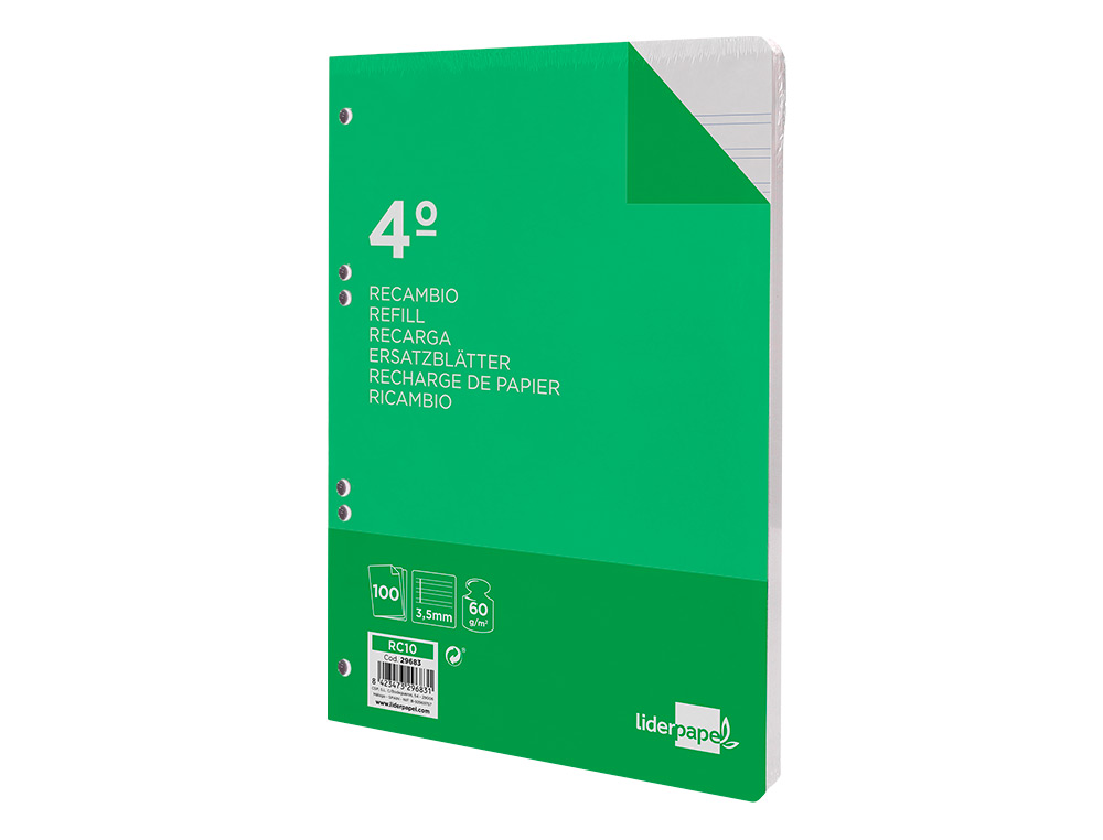 RECAMBIO LIDERPAPEL CUARTO 100 HOJAS 60G/M2 PAUTA 4ª 3.5MM CON MARGEN 6 TALADROS