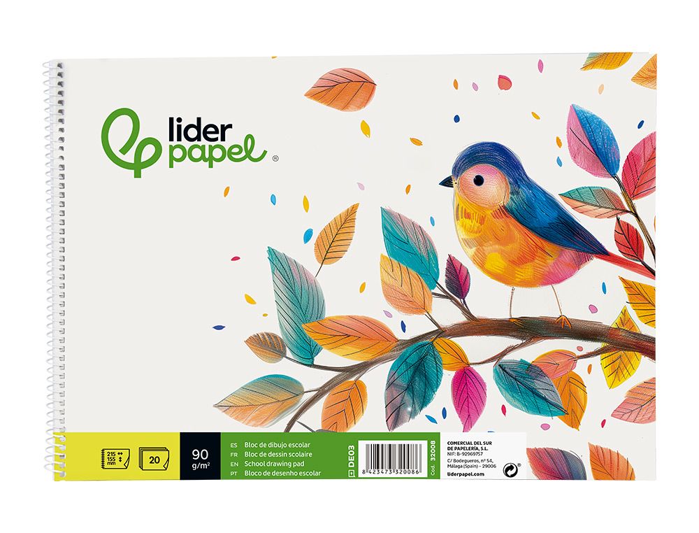 BLOC DIBUJO LIDERPAPEL ESCOLAR ESPIRAL 155X215MM 20 HOJAS 90 GR/M2 SIN RECUADRO