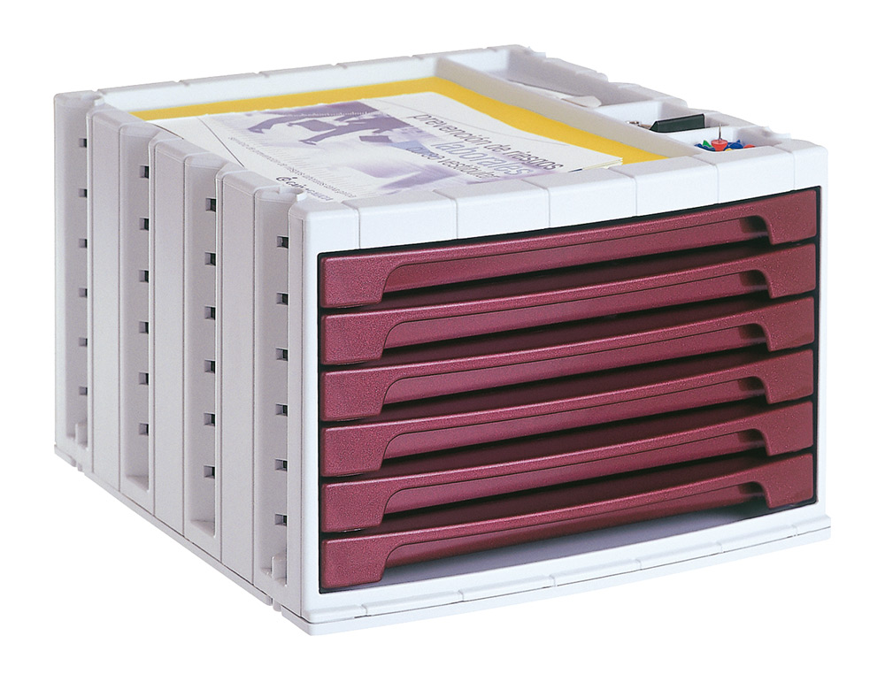 FICHERO CAJONES DE SOBREMESA ARCHIVO 2000 305X370X215 MM BANDEJA ORGANIZADORA SUPERIOR 6 CAJONES BURDEOS OPACO