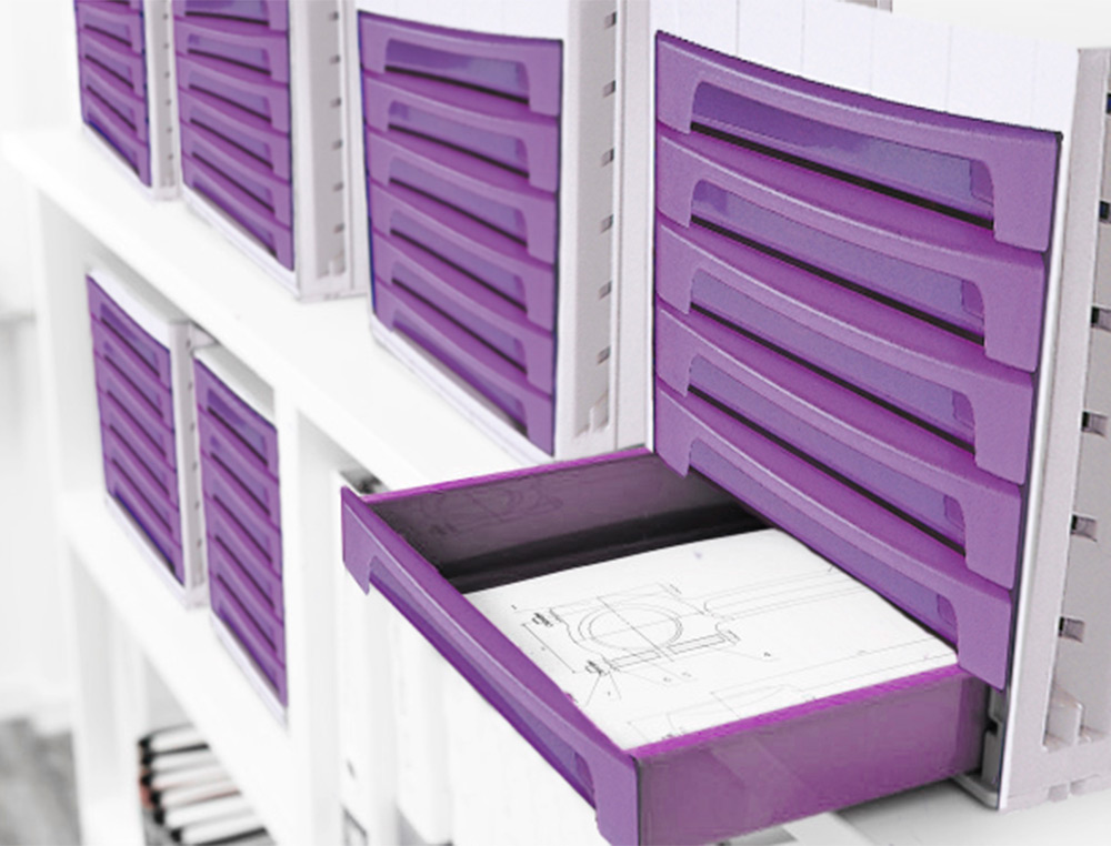FICHERO CAJONES DE SOBREMESA ARCHIVO 2000 305X370X215 MM BANDEJA ORGANIZADORA SUPERIOR 6 CAJONES VIOLETA TRANSLUCIDO