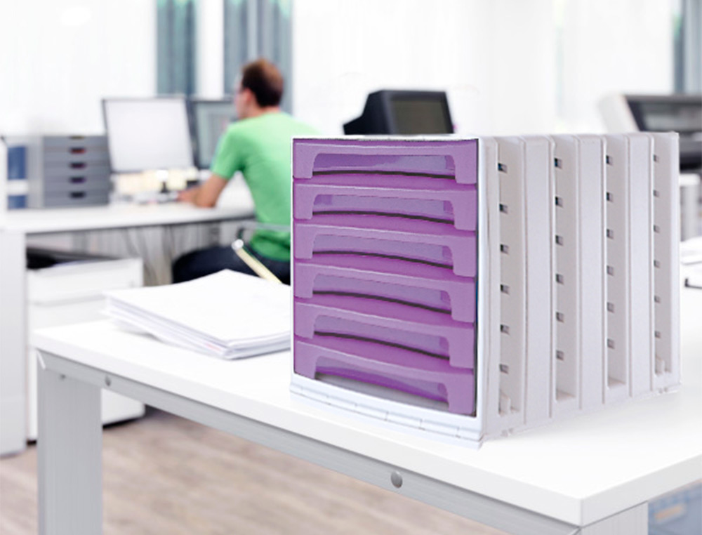 FICHERO CAJONES DE SOBREMESA ARCHIVO 2000 305X370X215 MM BANDEJA ORGANIZADORA SUPERIOR 6 CAJONES VIOLETA TRANSLUCIDO