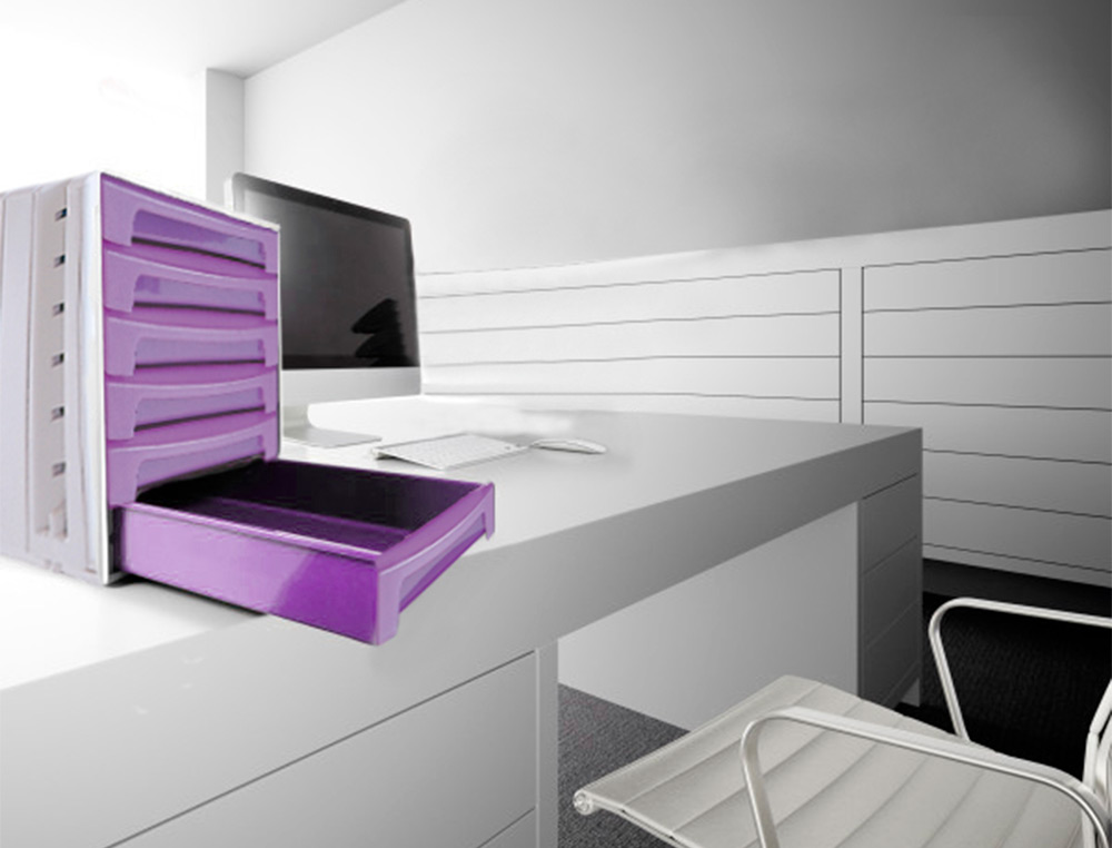 FICHERO CAJONES DE SOBREMESA ARCHIVO 2000 305X370X215 MM BANDEJA ORGANIZADORA SUPERIOR 6 CAJONES VIOLETA TRANSLUCIDO
