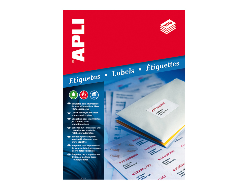 ETIQUETA ADHESIVA APLI 1279 TAMAO 105X74 MM PARA FOTOCOPIADORA LASER INK-JET CAJA CON 100 HOJAS DIN A4