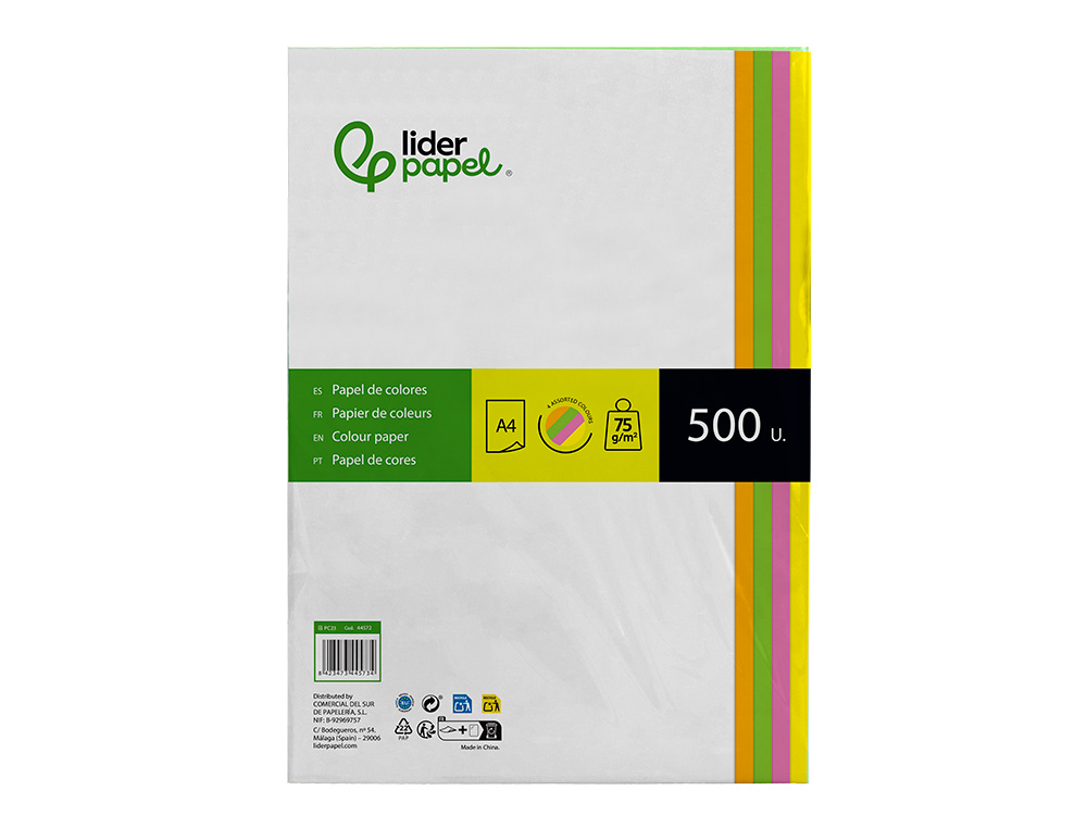 PAPEL COLOR LIDERPAPEL A4 75GR NEON 4 COLORES SURTIDOS PAQUETE DE 500 HOJAS