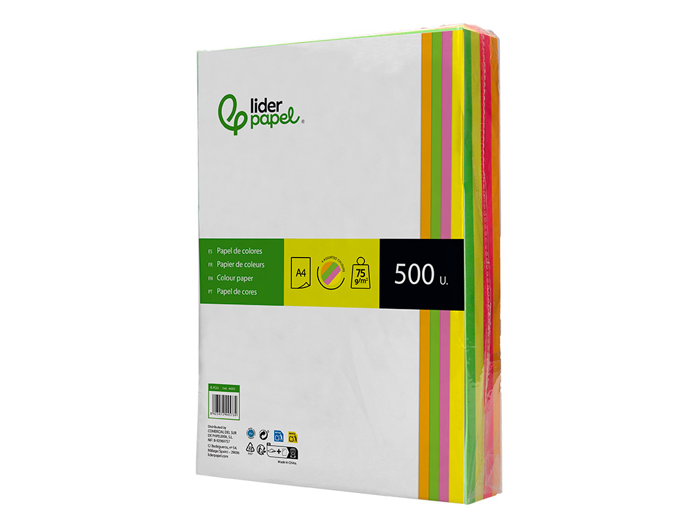 PAPEL COLOR LIDERPAPEL A4 75GR NEON 4 COLORES SURTIDOS PAQUETE DE 500 HOJAS