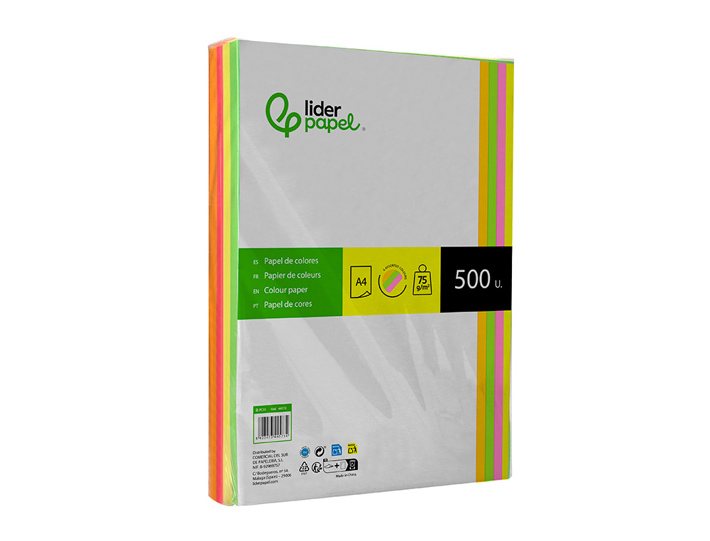 PAPEL COLOR LIDERPAPEL A4 75GR NEON 4 COLORES SURTIDOS PAQUETE DE 500 HOJAS