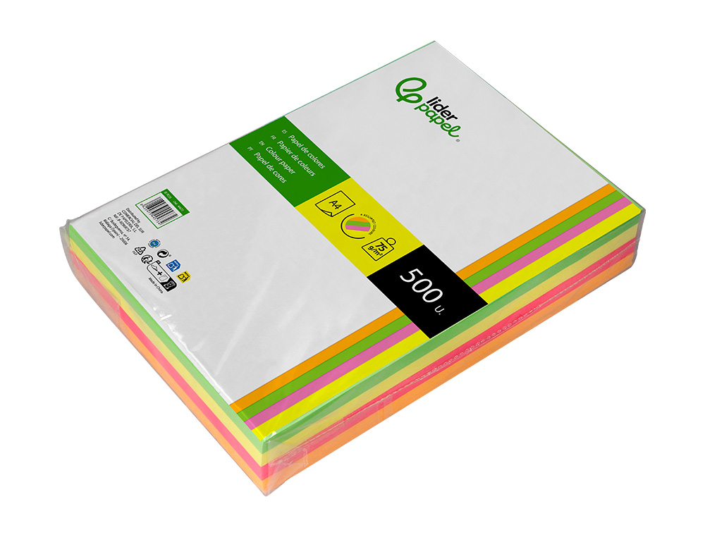 PAPEL COLOR LIDERPAPEL A4 75GR NEON 4 COLORES SURTIDOS PAQUETE DE 500 HOJAS