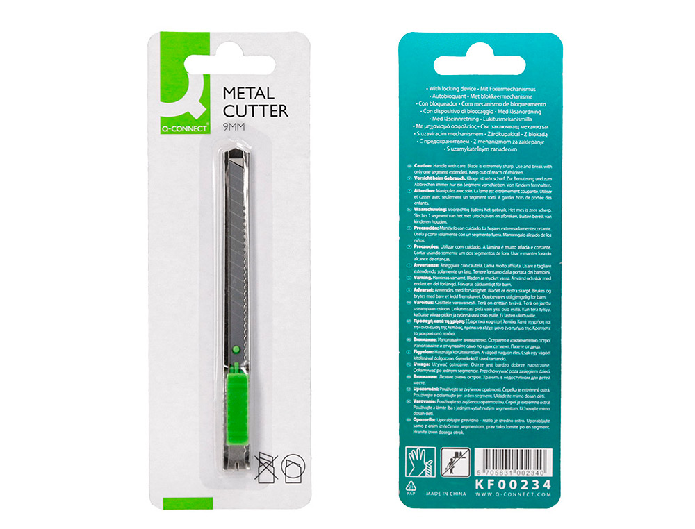 CUTER Q-CONNECT METALICO ESTRECHO CUCHILLA 9 MM CON CLIP BLISTER 1 UNIDAD
