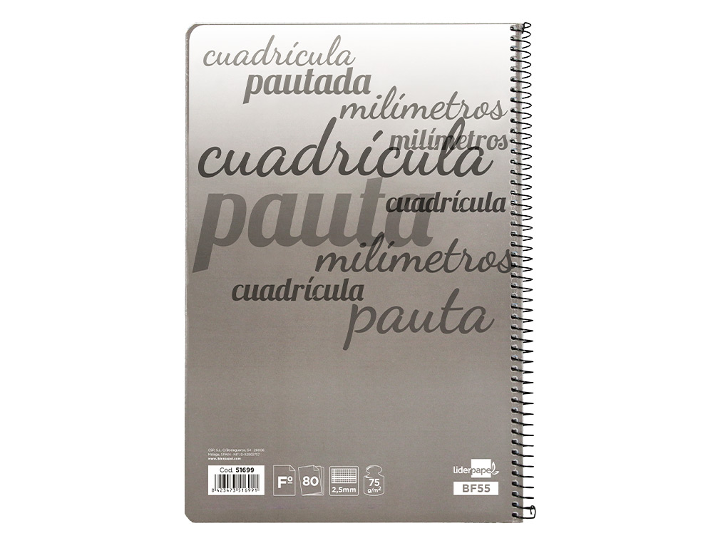 CUADERNO ESPIRAL LIDERPAPEL FOLIO PAUTAGUIA TAPA BLANDA 80H 75GR CUADRO PAUTADO 2,5MM CON MARGEN COLORES SURTIDOS