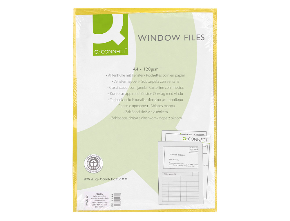 SUBCARPETA CARTULINA Q-CONNECT DIN A4 AMARILLA CON VENTANA TRANSPARENTE 120 GR