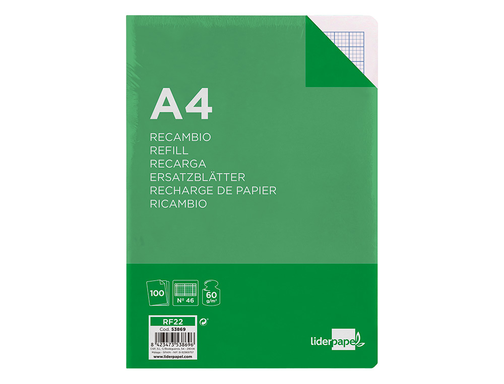 RECAMBIO LIDERPAPEL A4 100 HOJAS 60G/M2 RAYADO N 46 4 TALADROS