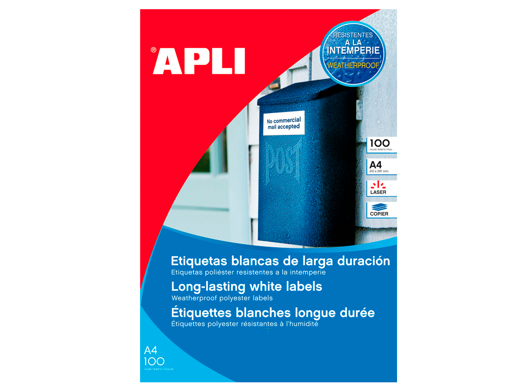 ETIQUETA ADHESIVA APLI POLIESTER 210X297 MM RESISTENTE A LA INTERPERIE LASER PACK DE 100 HOJAS