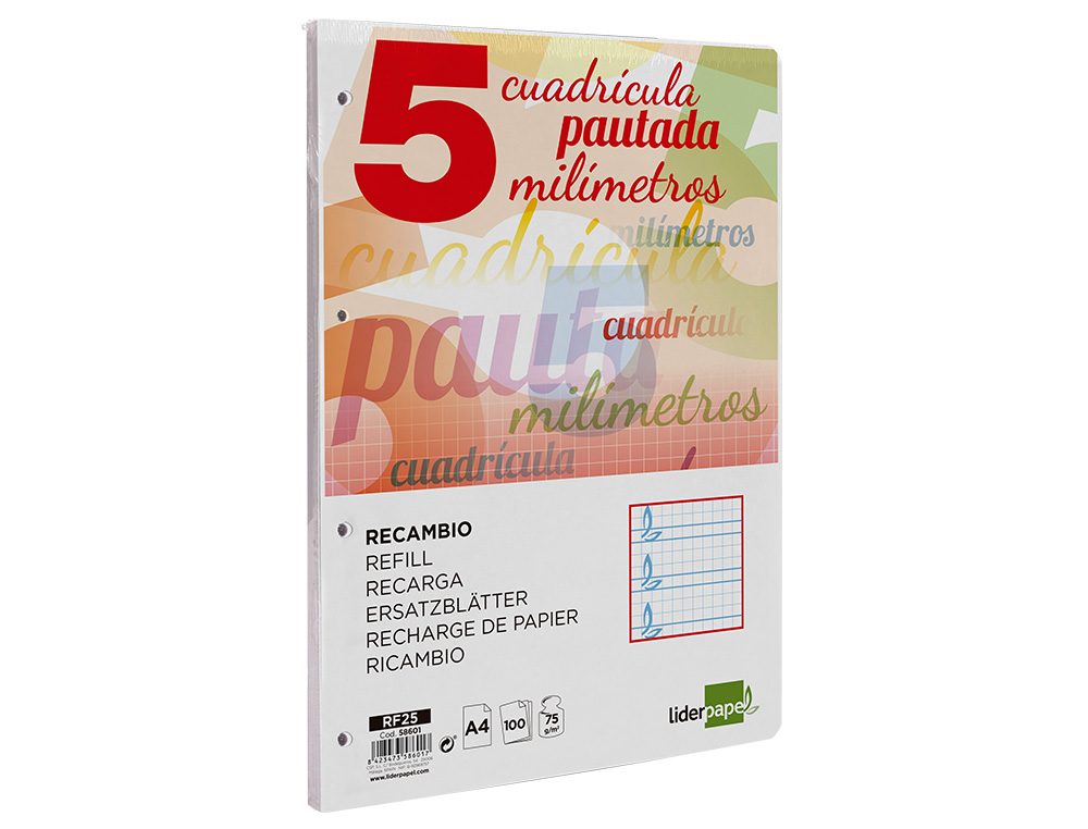 RECAMBIO LIDERPAPEL A4 PAUTAGUIA 100 HOJAS 75 G CUADRICULADO PAUTADO 5MM CON MARGEN 4 TALADROS