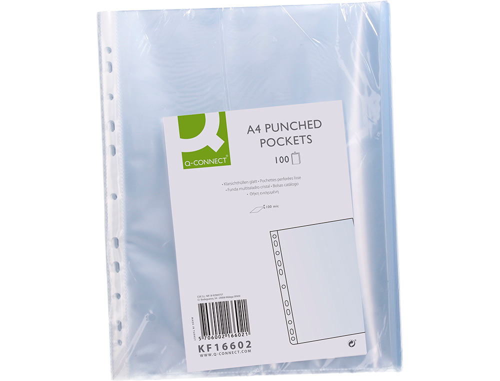 FUNDA MULTITALADRO Q-CONNECT DIN A4 100 MC CRISTAL BOLSA DE 100 UNIDADES