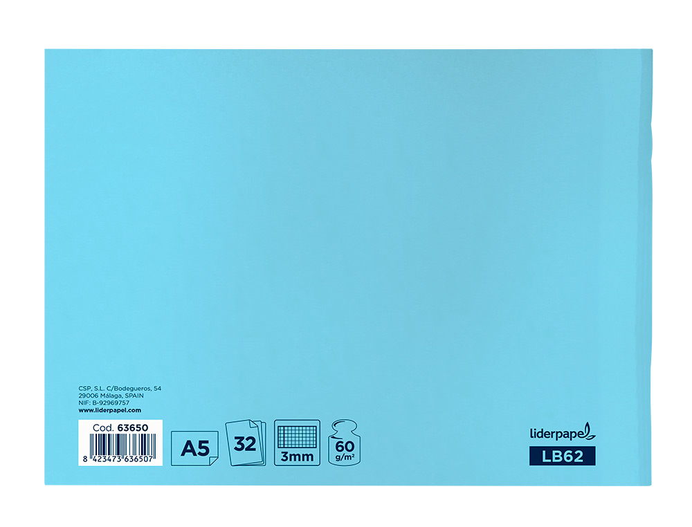LIBRETA LIDERPAPEL WRITE A5 APAISADA 32H 60G/M2 CUADRO 3 MM CON MARGEN