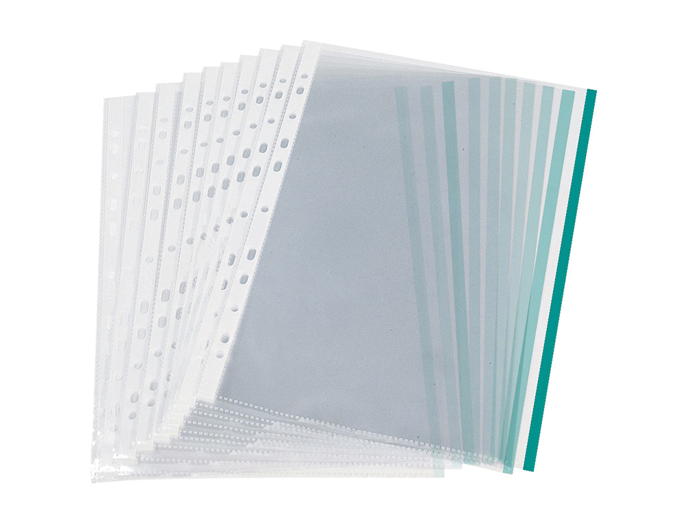 FUNDA MULTITALADRO Q-CONNECT DIN A4 70 MC PP CRISTAL CON BORDE VERDE BOLSA DE 10 UNIDADES