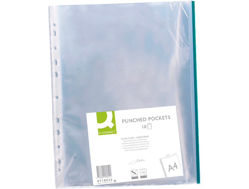 FUNDA MULTITALADRO Q-CONNECT DIN A4 70 MC PP CRISTAL CON BORDE VERDE BOLSA DE 10 UNIDADES