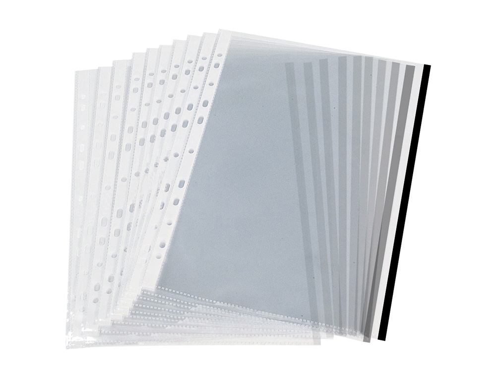 FUNDA MULTITALADRO Q-CONNECT DIN A4 70 MC PP CRISTAL CON BORDE NEGRO BOLSA DE 10 UNIDADES