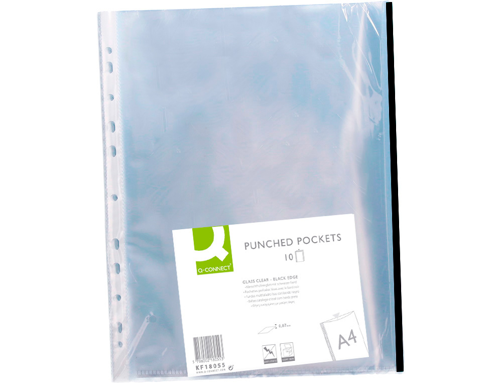 FUNDA MULTITALADRO Q-CONNECT DIN A4 70 MC PP CRISTAL CON BORDE NEGRO BOLSA DE 10 UNIDADES