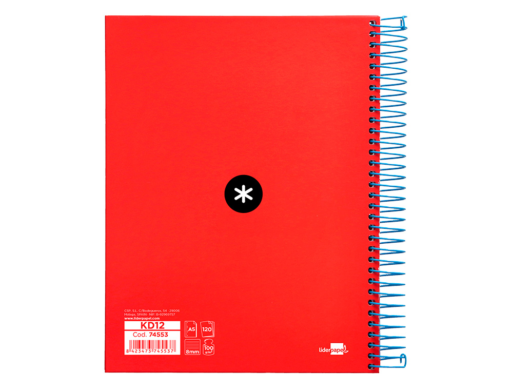 CUADERNO ESPIRAL A5 MICRO ANTARTIK TAPA FORRADA 120H 90 GR HORIZONTAL 5 BANDAS 6 TALADROS COLOR ROJO