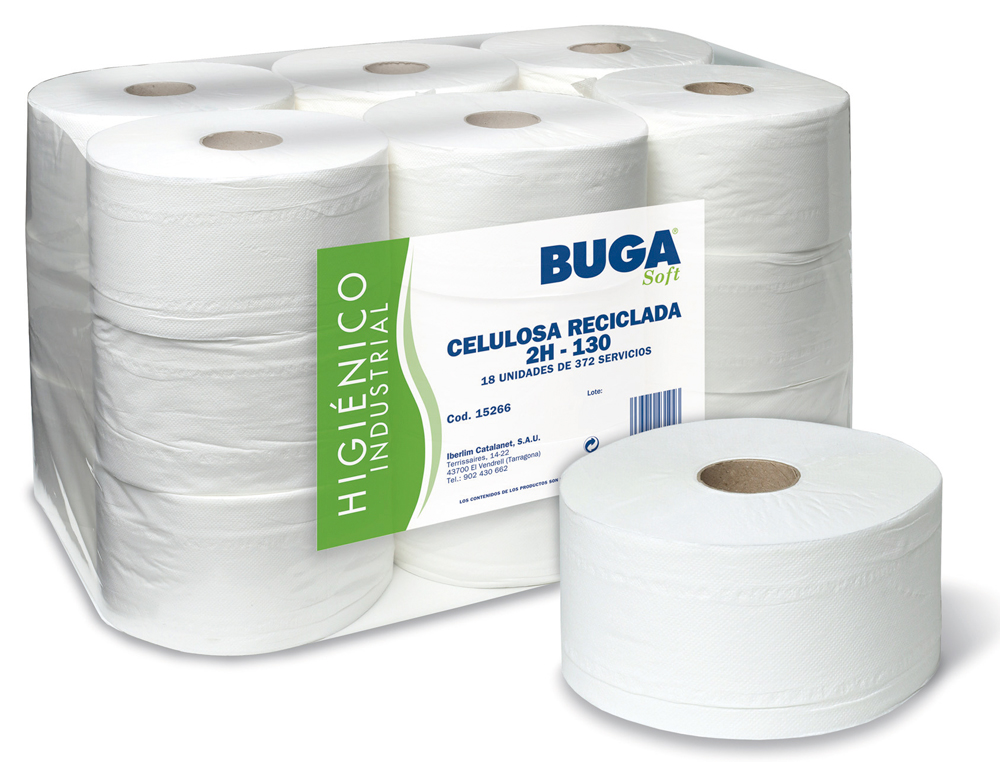 PAPEL HIGIENICO INDUSTRIAL GOFRADO BUGA RECICLADO 2 CAPAS 130 M