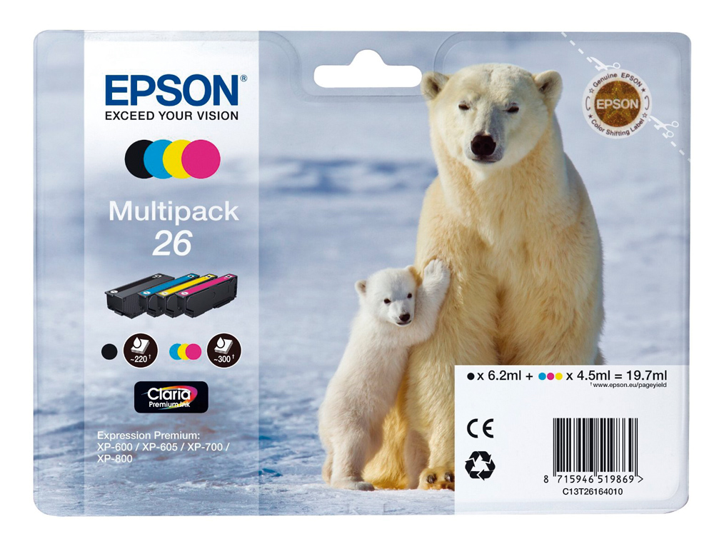 INK-JET EPSON 26XP 600 / 605 / 700 / 800 AMARILLO CIAN MAGENTA NEGRO 300 PAG