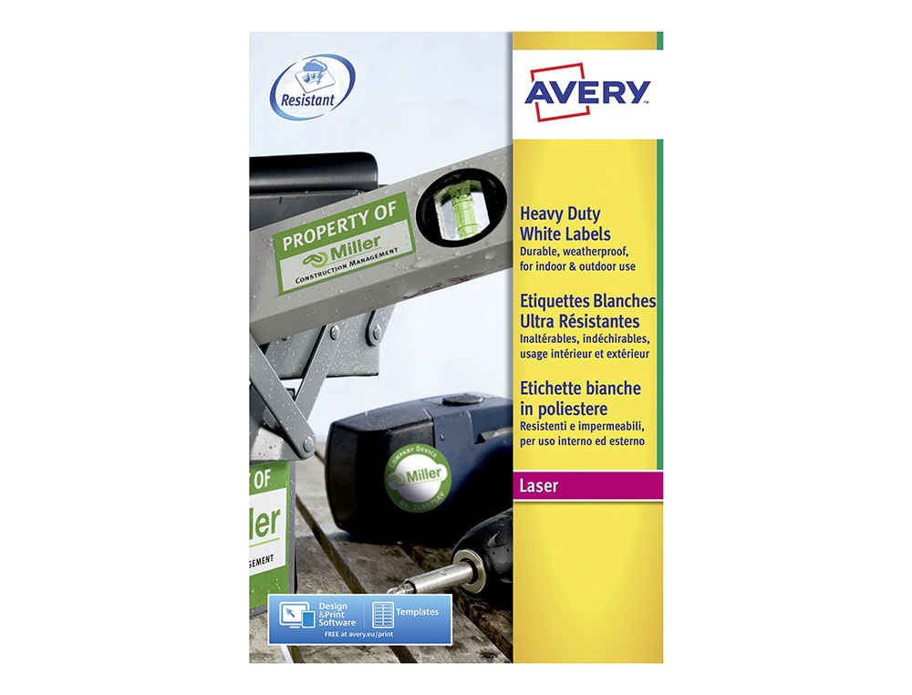 ETIQUETA ADHESIVA AVERY POLIESTER BLANCA 210X297 MM RESISTENTE LASER PACK DE 20 UNIDADES