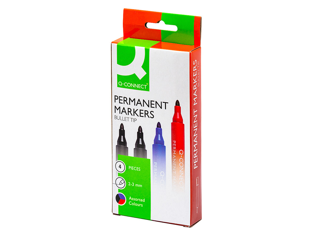 ROTULADOR Q-CONNECT MARCADOR PERMANENTE ESTUCHE DE 4 COLORES SURTIDOS PUNTA REDONDA 3 MM