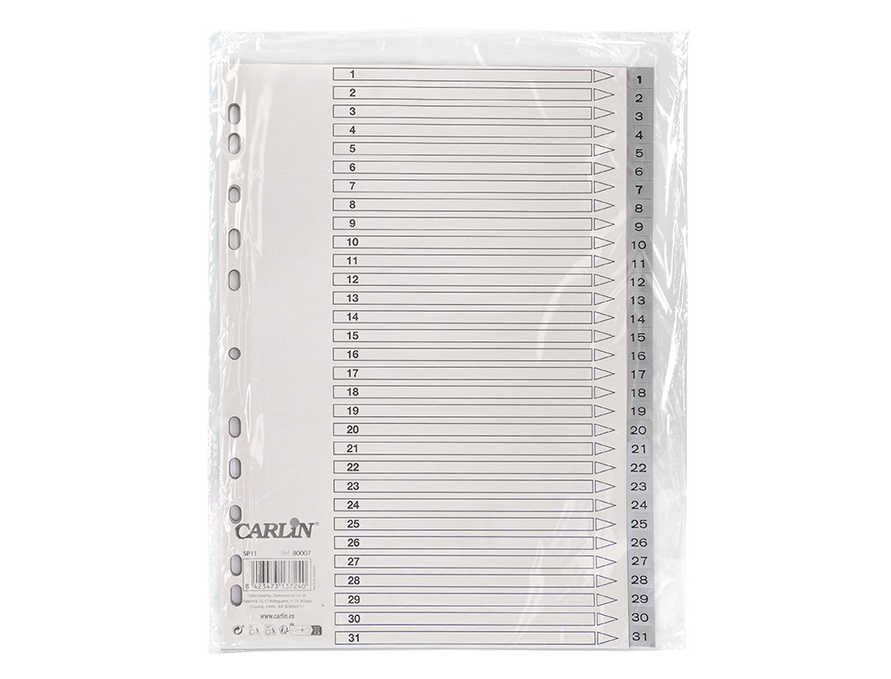 SEPARADOR NUMERICO CARLIN PLASTICO 1-31 JUEGO DE 31 SEPARADORES DIN A4 MULTITALADRO