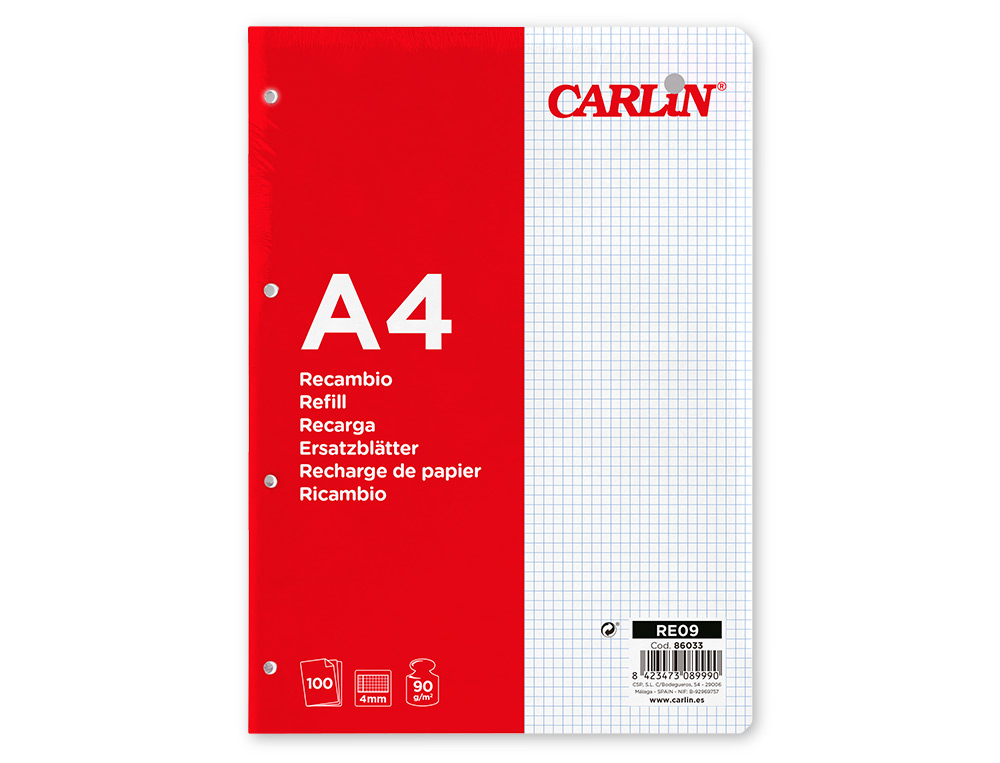 RECAMBIO CARLIN A4 100 HOJAS 90G/M2 CUADRO 4MM CON MARGEN 4 TALADROS
